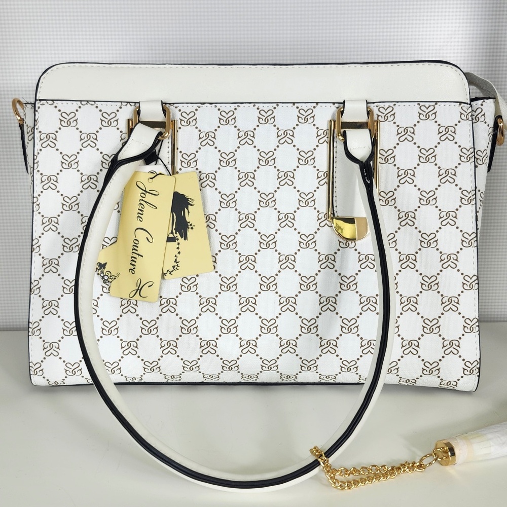 Jolene Couture White Monogram Tote Bag | NWT | Zip Top | Gold Hardware